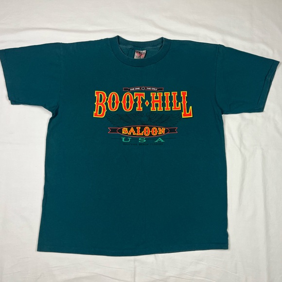 Vtg Boot Hill Saloon Mens T-Shirt Sz Large 90s Blue Green/Dark Teal Biker A7 - Picture 1 of 7